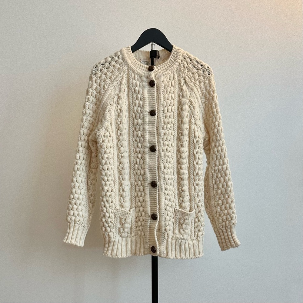 United Knitwear Co. Cream Aran Wool Fisherman Cable Knit Cardigan Size S(?)